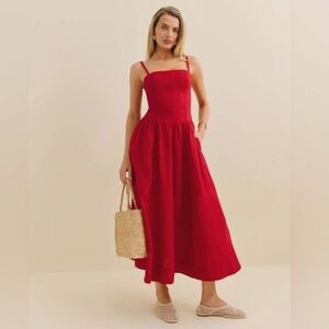 Reformation Katarin Linen Dress In Lipstick Red